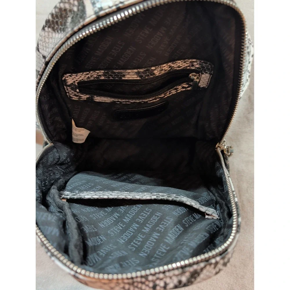 Steve Madden Mini Backpack Snakeskin Print Faux Leather Black White Animal Print